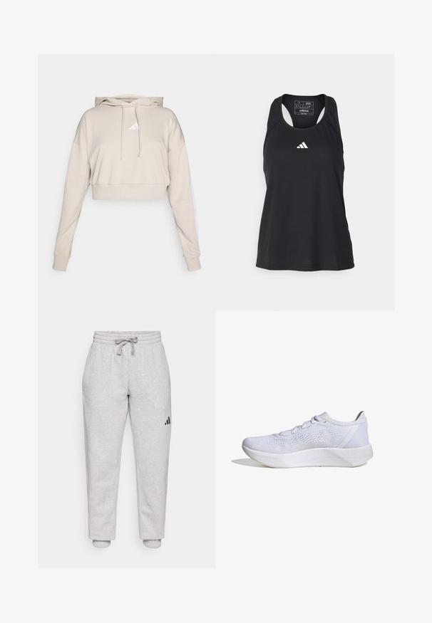 Lys beige cropped sweatshirt med hætte, med et hvidt trekantet logo og hvide side striber. Lavet af blødt, tekstureret stof.; Sort ærmeløs atletisk tanktop med rund halsudskæring og hvidt logo på brystet. Fremstillet af et glat, let materiale.; Lys grå sweatpants med elastisk talje og snøre. Manchetter ved anklerne. Sort logo detalje på venstre ben. Blødt bomuldsstof.; Hvide sportssko med en åndbar mesh-overdel, snørebåndsdesign, polstret krave og en struktureret gummisål for bedre greb.