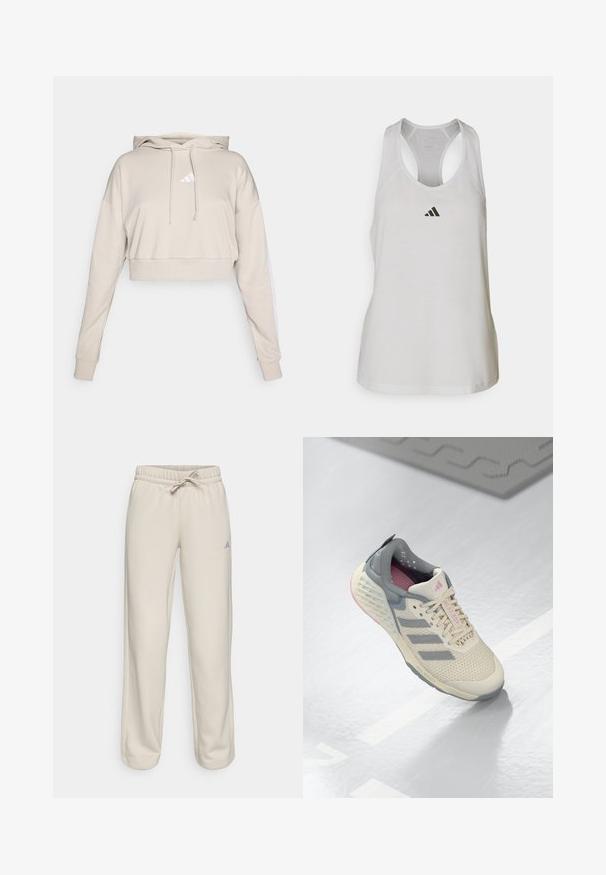 Sudadera cropped de color beige claro con capucha, que presenta un logo triangular blanco y franjas laterales blancas. Fabricada en un tejido suave y texturizado.; Camiseta deportiva blanca de tirantes, confeccionada en un tejido ligero, con un diseño de espalda cruzada y un pequeño logo negro en el pecho.; Pantalones de chándal beige con cintura elástica y cordón, con un ajuste relajado y pequeño logotipo azul en el lado izquierdo. Textura de tela suave.; Zapatilla deportiva beige con acentos grises, parte superior de malla y suela texturizada. Cuenta con tres rayas grises y detalles interiores en rosa.