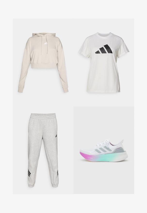 Sudadera cropped de color beige claro con capucha, que presenta un logo triangular blanco y franjas laterales blancas. Fabricada en un tejido suave y texturizado.; Camiseta atlética blanca de tejido suave. Presenta mangas cortas y un gran logotipo negro de Adidas con tres rayas debajo.; Pantalones de chándal gris claro con una cintura elástica acanalada, piernas ajustadas y tres franjas diagonales negras cerca de los puños. Textura suave.; Zapatilla de running blanca de Adidas con suela degradada en azul claro y rosa, tres franjas laterales grises y parte superior de tejido de punto con cordones.