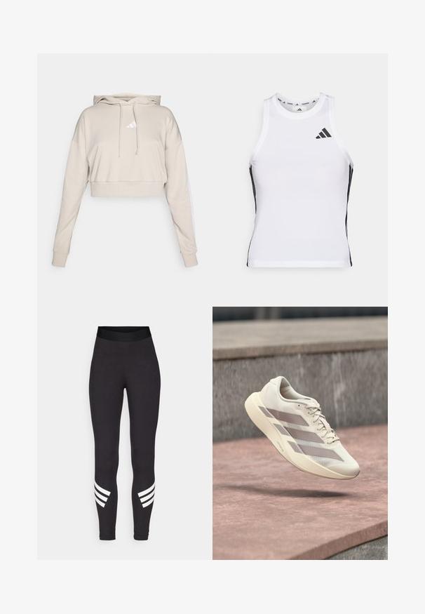 Lichtbeige cropped sweatshirt met een capuchon, voorzien van een wit driehoekig logo en witte zijstrepen. Gemaakt van zacht, textuurstof.; Witte sportieve tanktop met zwarte zijaccenten en logo. Heeft een ronde halslijn en een getailleerd design, gemaakt van lichtgewicht, ademend materiaal.; Zwarte legging van rekbaar materiaal, met een brede tailleband en drie witte horizontale strepen nabij de onderbenen.; Roomkleurige hardloopschoen met taupekleurige strepen, zwevend boven een roodbruine betegelde ondergrond en een grijze stenen achtergrond.