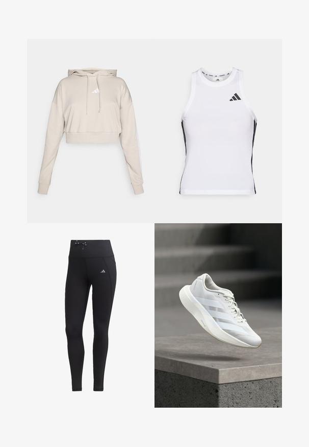 Lys beige cropped sweatshirt med hætte, med et hvidt trekantet logo og hvide side striber. Lavet af blødt, tekstureret stof.; Hvid athletic tanktop med sorte sideaccentuer og logo. Har en scoop-neckline og tætsiddende design, lavet af letvægts, åndbart materiale.; Sorte leggings med høj talje, snøre-detalje og sidelommer. Fremstillet af glat materiale med reflekterende logo-accent.; Hvid atletiksko med en struktureret overlæder, tre laterale striber, polstret sål og rundet tå, placeret over en betongulv.