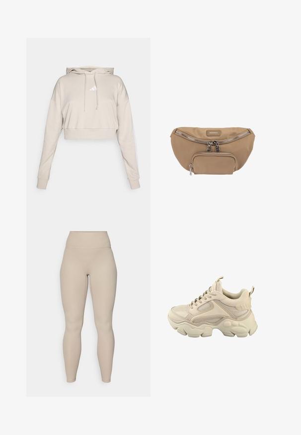 Sudadera cropped de color beige claro con capucha, que presenta un logo triangular blanco y franjas laterales blancas. Fabricada en un tejido suave y texturizado.; Mallas de cintura alta en color beige con textura acanalada, con una cinturilla suave y piernas ajustadas, diseñadas para comodidad y flexibilidad.; Deportivo beige grueso con paneles de malla y cuero, suela gruesa y texturizada, cordones en la parte delantera, cuello acolchado y lengüetas en la lengüeta y el talón.; Riñonera de tela beige con dos compartimentos con cremallera y tiradores de cremallera plateados, con una pequeña etiqueta "Bogner" en la parte delantera.