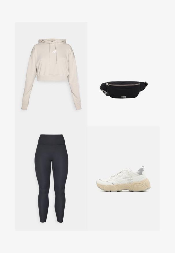 Lichtbeige cropped sweatshirt met een capuchon, voorzien van een wit driehoekig logo en witte zijstrepen. Gemaakt van zacht, textuurstof.; Hoge taille, zwarte geribde legging met een aansluitend ontwerp, gladde textuur en volledige lengte. Voorzien van een brede tailleband voor extra ondersteuning.; Witte sneaker met een bovenwerk van mesh en glad leer, met een gevoerde kraag, een gemêleerde rubberen zool en subtiele metallic accenten.; Zwarte stoffen heuptas met zilveren rits en verstelbare band, voorzien van klein wit "Bimba y Lola"-logo aan de voorkant.