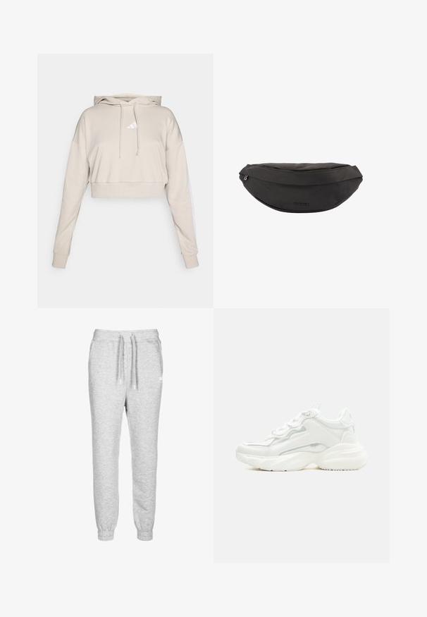 Lys beige cropped sweatshirt med hætte, med et hvidt trekantet logo og hvide side striber. Lavet af blødt, tekstureret stof.; Grå sweatpants lavet af blødt stof, med elastisk talje og snoretræk, samt smalle kanter ved anklerne. Diskret logo detalje.; Hvid chunky sneaker med tyk sål, snørelukning foran og glat syntetisk overdel med subtile syningsdetaljer.; Sort stoftalje taske med lynlåslukning og "BOGNER"-logo på forsiden i midten.