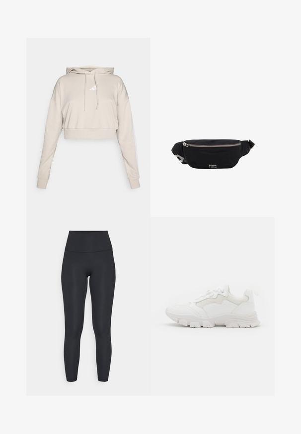 Kreemikas hallikas lühike dressipluus kapuutsiga, millel on valge kolmnurkne logo ja valged küljestriibid. Valmistatud pehmest, tekstuursetest kangast.; adidas Performance ALL ME SCULPT - Retuusid - black; NA-KD CONTRAST SOLE TREKKING - Tossud - white; Mustast kangast vöökott hõbedase tõmblukuga ja reguleeritava rihmaga, mille esiküljel on väike valge "Bimba y Lola" logo.