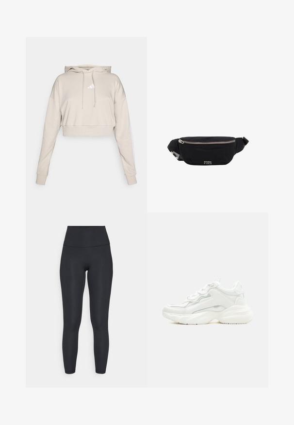 Sudadera cropped de color beige claro con capucha, que presenta un logo triangular blanco y franjas laterales blancas. Fabricada en un tejido suave y texturizado.; adidas Performance ALL ME SCULPT - Leggings - black; Zapatilla deportiva blanca y robusta con suela gruesa, cierre de cordones en la parte frontal y parte superior sintética lisa con detalles de costuras sutiles.; Riñonera de tela negra con cremallera plateada y correa ajustable, con pequeño logo blanco "Bimba y Lola" en el frente.