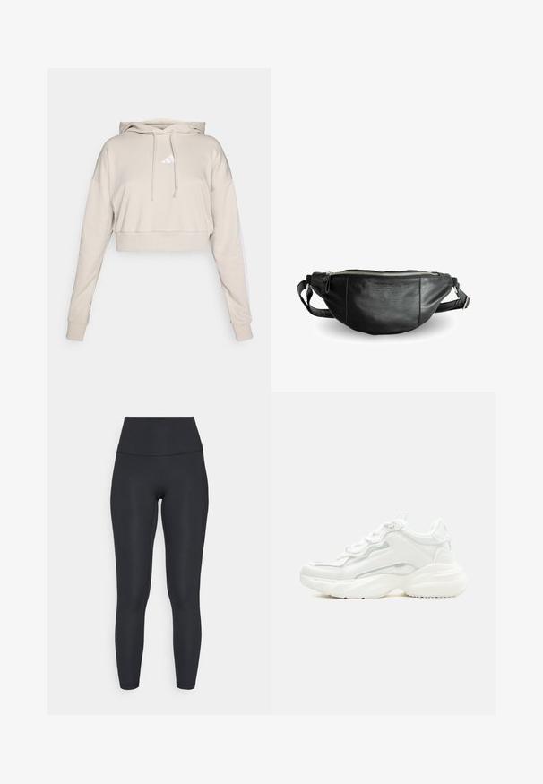 Lichtbeige cropped sweatshirt met een capuchon, voorzien van een wit driehoekig logo en witte zijstrepen. Gemaakt van zacht, textuurstof.; adidas Performance ALL ME SCULPT - Tights - black; Witte chunky sneaker met dikke zool, veters aan de voorkant en een glad bovenwerk van synthetisch materiaal met subtiele stikdetails.; Still Nordic BASIC - Heuptas - black