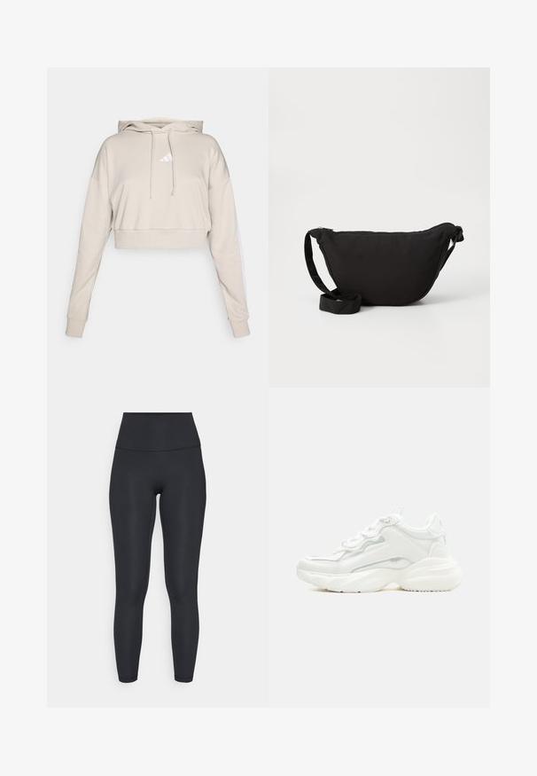 Kreemikas hallikas lühike dressipluus kapuutsiga, millel on valge kolmnurkne logo ja valged küljestriibid. Valmistatud pehmest, tekstuursetest kangast.; adidas Performance ALL ME SCULPT - Retuusid - black; Valged paksud tossud paksu tallaga, esiosal paeltega ja siledast sünteetilisest materjalist pealiskihiga, peenete õmblustega.; Mustast kott, mis on valmistatud pehmest kangast, millel on kaarjas kuju, tõmblukk ja lai reguleeritav rihm. Sile tekstuur, ilma mustriteta.