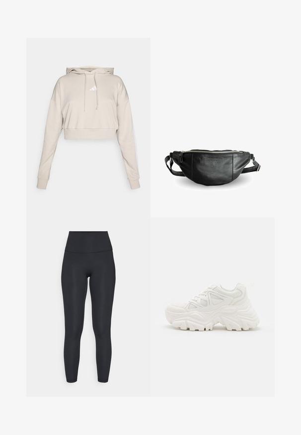 Kreemikas hallikas lühike dressipluus kapuutsiga, millel on valge kolmnurkne logo ja valged küljestriibid. Valmistatud pehmest, tekstuursetest kangast.; adidas Performance ALL ME SCULPT - Retuusid - black; Valged jämedad sneakers, millel on tekstureeritud ülemine osa, võrgusilma paneelid ja paksud kummist tallad, millel on silmapaistev mustrimuster. Paelad ja tõmbeosa on kaasa arvatud.; Still Nordic BASIC - Puusakott - black