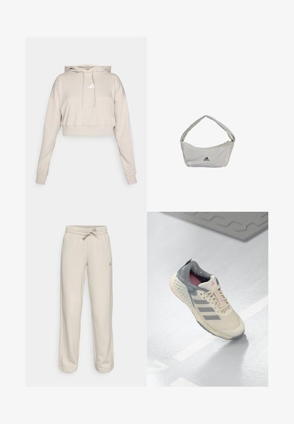 Sudadera cropped de color beige claro con capucha, que presenta un logo triangular blanco y franjas laterales blancas. Fabricada en un tejido suave y texturizado.; Pantalones de chándal beige con cintura elástica y cordón, con un ajuste relajado y pequeño logotipo azul en el lado izquierdo. Textura de tela suave.; Zapatilla deportiva beige con acentos grises, parte superior de malla y suela texturizada. Cuenta con tres rayas grises y detalles interiores en rosa.; Bolso de hombro Adidas gris claro con costuras curvadas y un único compartimento con cremallera, mostrando el logo de Adidas en la parte frontal.