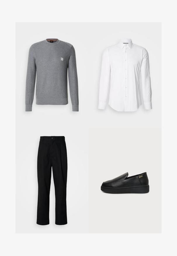 Grijze, gebreide trui met lange mouwen, ribgebreide manchetten en een ronde halslijn. Bevat een klein vierkant logo op de borst.; Witte lange mouwen shirt van gladde stof, met een klassieke kraag en een knoopsluiting aan de voorkant met een gebogen zoom. Knopen hebben een subtiele glans.; Zwarte rechte broek met een knoopsluiting, lusjes voor een riem en een voornaad, gepresenteerd tegen een effen witte achtergrond.; Zwart leren instapschoenen met dikke zool en kleine ventilatiegaatjes aan de zijkant, met het gouden "HUGO"-logo nabij de hak.