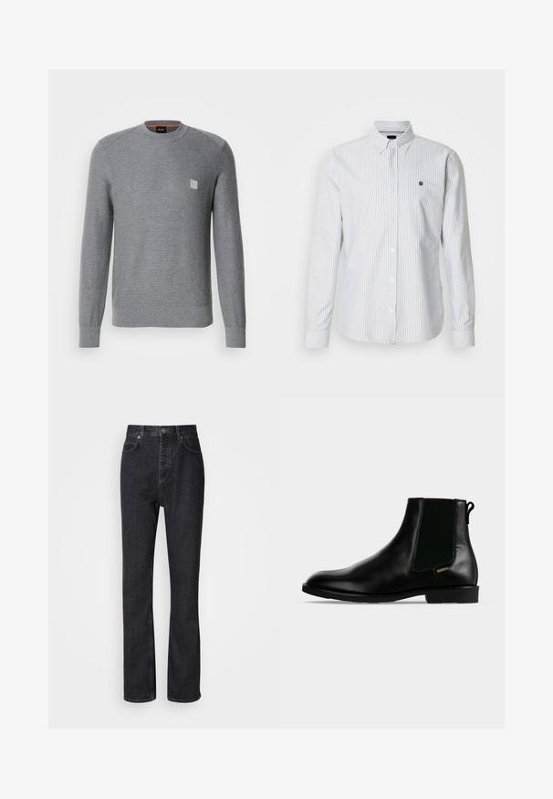 Grå, strikket sweater med lange ærmer, ribbede manchetter og rund halsudskæring. Har et lille kvadratisk logo på brystet.; Skjorte med knapper, tynde blå og hvide striber, lange ærmer og en lille logo på brystet, lavet af et letvægtsstof.; Høj talje sorte denim jeans med knap- og lynlåsåbning, for- og baglommer samt lige ben.; Sort læder ankelstøvle med elastisk sidelæpanel, lav hæl, trækflig bagpå og lille gyldent "HUGO" logo på ydersiden.