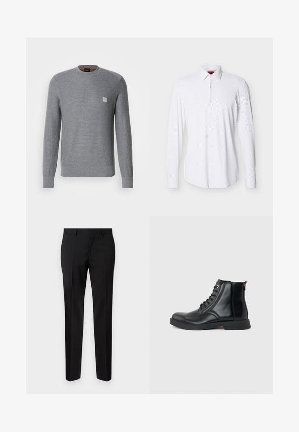Grå, strikket sweater med lange ærmer, ribbede manchetter og rund halsudskæring. Har et lille kvadratisk logo på brystet.; Hvid langærmet skjorte med knapper, prydet med små sorte prikker og spids krave, vist på en ensfarvet lys baggrund.; Sorte skræddersyede bukser lavet af glat stof, med lige ben, raffinerede folder og en klassisk talje med bæltestropper.; Sort læderankelstøvle med snørelukning foran, rundet tå, flad sål og træksløjfe bagpå på en ensartet lys grå baggrund.