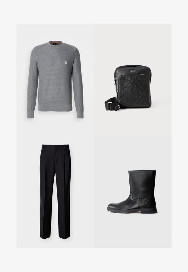 Grå, strikket sweater med lange ærmer, ribbede manchetter og rund halsudskæring. Har et lille kvadratisk logo på brystet.; Sorte skræddersyede bukser med lige snit, foldet forstykke og sidelommer. Fremstillet af et glat, let stof med et ensartet mønster.; Sorte læder ankelstøvler med tekstureret overflade, rund tå og lav gummisål. Enkel design uden synlig hardware eller udsmykninger.; Sort læder crossover taske med præget logo mønster, rektangulær form, hardware i sølvfarve, justerbar rem og lynlåslukning.