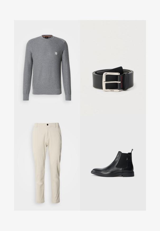 Grauer, gestrickter Pullover mit langen Ärmeln, gerippten Bündchen und Rundhalsausschnitt. Verfügt über ein kleines quadratisches Logo auf der Brust.; Beige Chinos mit geradem Schnitt, aus weichem Baumwollstoff gefertigt, mit Reißverschluss und einem einzelnen schwarzen Knopfverschluss.; Schwarze Leder Chelsea-Boots mit elastischen seitlichen Einsätzen, einer Zugschlaufe und einer flachen Gummisohle. Glatte Textur mit minimaler Ausgestaltung.; Schwarzer Ledergürtel, aufgerollt, mit einer silbernen, rechteckigen Schnalle, die eine kleine "HUGO" Gravur und eine rote Nahtdetail in der Nähe der Schlaufe aufweist.