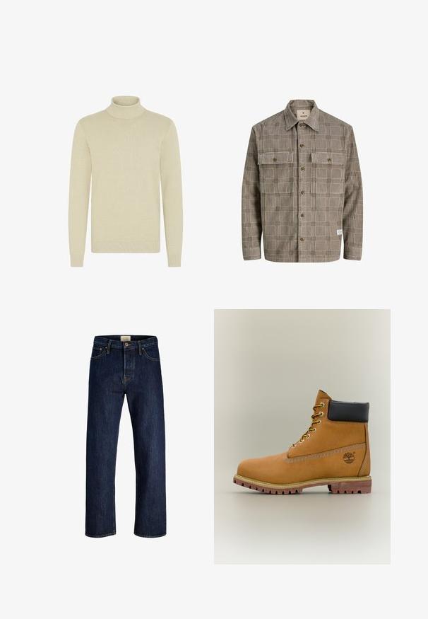 Lys beige turtleneck sweater med et struktureret strikmønster, lange ærmer og ribbede manchetter og kant. Blødt, hyggeligt stof.; Brunternetterned flannelshirt med to brystlommer, knaplukning og spids krave. Tekstureret stof med et ternet mønster.; Mørkeblå straight-leg denimjeans med frontknap, lynlås og fem-lomme-design, vist fladt på en hvid baggrund.; Brun læderankelstøvle med sort krave, gule snørebånd og tanfarvet sål. Har logo og hvide syninger som detalje. Robust ydersål med greb.