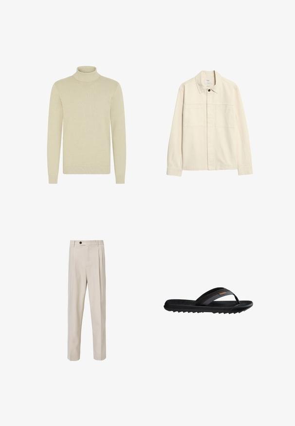 Lys beige turtleneck sweater med et struktureret strikmønster, lange ærmer og ribbede manchetter og kant. Blødt, hyggeligt stof.; Lysebeige bomuldsjakke med krave, knaplukning foran og to brystlommer. Glat tekstur og afslappet pasform.; Beige skræddersyede bukser med lige ben-design, der har frontplisseringer, knaplukning og en glat tekstur.; Sort gummi flip flop sandal med tekstureret sål, stofrem og orange syning, designet til afslappet udendørs brug.