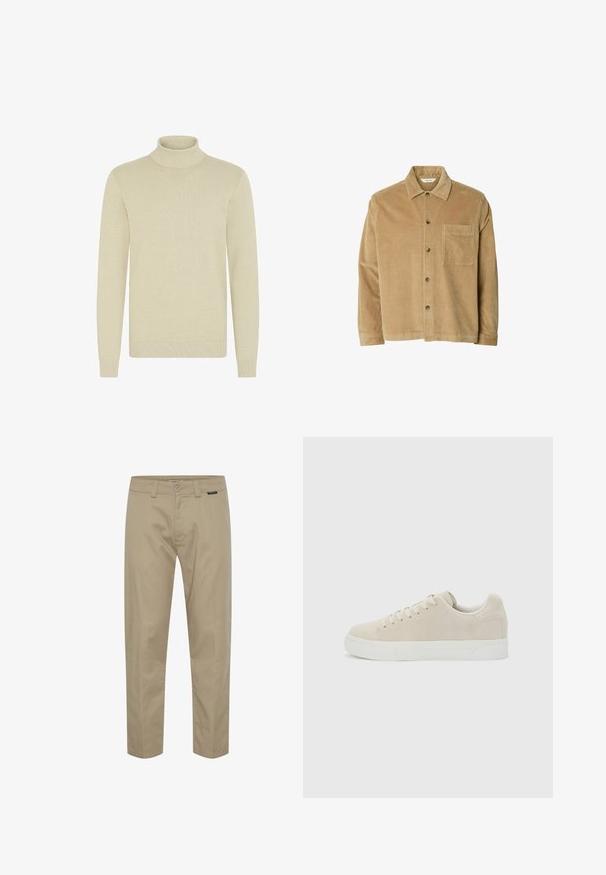Lys beige turtleneck sweater med et struktureret strikmønster, lange ærmer og ribbede manchetter og kant. Blødt, hyggeligt stof.; Lysebrun kordfløjls skjorte med lange ærmer, krave, knaplukning foran og en enkelt brystlomme på venstre side.; Khaki chinos lavet af bomuld, med lige pasform, bæltestropper, frontlommer og en minimalistisk logoaccent nær taljen.; Beige lavt snøresko med snørebånd foran og tyk hvid gummisål på en ensfarvet lysegrå baggrund.