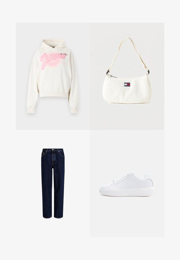 Cremfarbener, verkürzter Hoodie aus weichem Stoff. Hat ein pinkes grafisches Design und eine Fronttasche. Beinhaltet eine Kapuze mit Kordelzug und gerippte Bündchen.; Dunkelblaue Denim-Jeans mit geradem Bein, hoher Taille, fünf Taschen und kontrastierenden Nähten. Ohne Verzierungen.; Weißer Sneaker mit niedrigem Schaft, Schnürverschluss, dicker Sohle und glattem Obermaterial, von der Außenseite vor einem einfarbigen hellen Hintergrund gezeigt.; Weiße Schultertasche mit verstellbarem Riemen und Tommy Jeans Logo-Patch vorne, vor einem schlichten Hintergrund.