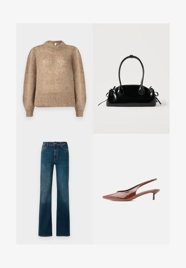 Beige strikket sweater med en ribbet rund halsudskæring og lange ballonsleeves. Stoffet har en blød, tekstureret finish.; Mørkeblå, højtaljede jeans med lige ben. Lavet af denim, med kontrastsyninger og et klassisk fem-lomme design.; Blank brun slingback kitten heel med spids tå og lav, slank hæl på hvid baggrund.; Lille sort blank håndtaske med to lange håndtag og snøre-detaljer i siden på en ensfarvet lys baggrund.