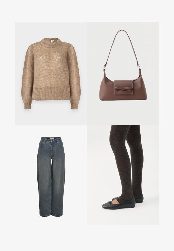 Beige strikket sweater med en ribbet rund halsudskæring og lange ballonsleeves. Stoffet har en blød, tekstureret finish.; Bredde denimjeans i mørkeblå, lavet af tekstureret bomuldsstof. Har for- og baglommer samt en lynlås og knaplukning.; Ben iført mørke ribbede leggings kombineret med sorte balletsko med små sløjfedetaljer på hvid baggrund.; Brun skuldertaske i læder med en frontlomme med klap, der har en sydd sløjfedetalje, og en justerbar rem.