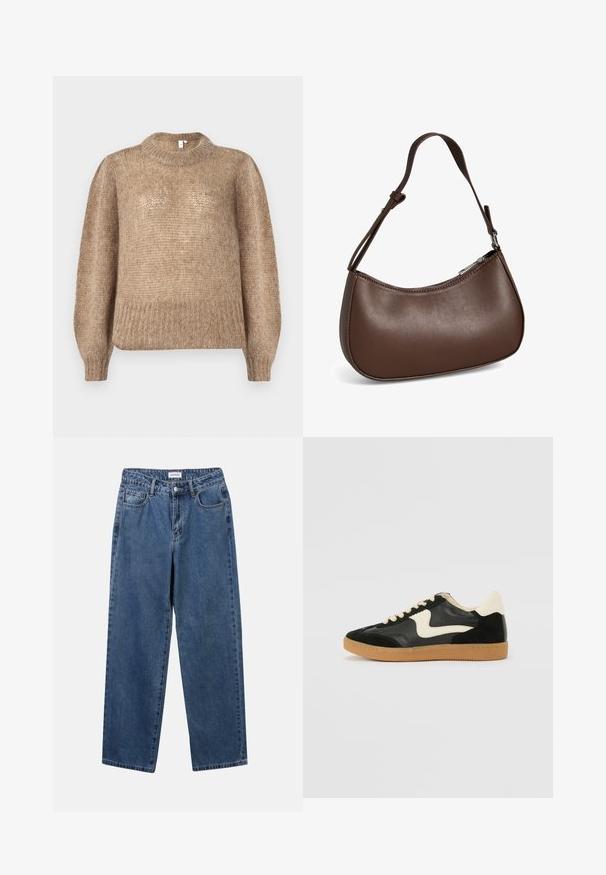 Beige strikket sweater med en ribbet rund halsudskæring og lange ballonsleeves. Stoffet har en blød, tekstureret finish.; Klassiske blå denimbukser med lige ben, fem lommer og knaplukning. Har en medium vask og en robust tekstur.; Sorte ruskinds- og lædersneakers med en cremefarvet side-swoosh og lys cremefarvet hæl. Har beige snørebånd og en gummirubber-sål.; Lille brun skuldertaske i læder med justerbar rem og lynlåslukning, vist mod hvid baggrund. Ingen synligt branding eller dekorationer.