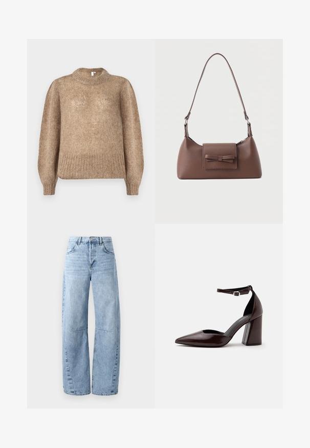 Pull en tricot beige avec un col rond ribbed et de longues manches bouffantes. Le tissu présente une finition douce et texturée.; Jeans en denim bleu clair à jambes larges, dotés d'une taille haute, de cinq poches et d'un léger dégradé. Les jambes présentent des coutures et des seams visibles.; Chaussure à talon haut en cuir marron foncé à bout pointu, avec bride à la cheville et boucle argentée sur fond blanc.; Sac à bandoulière en cuir marron avec une poche à rabat avant ornée d'un détail en forme de nœud cousu et une sangle réglable.