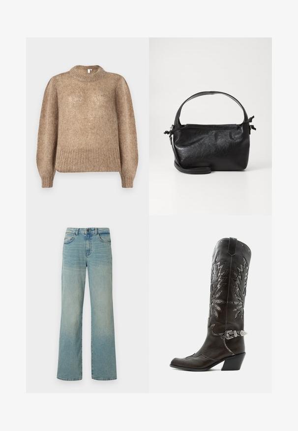 Beige strikket sweater med en ribbet rund halsudskæring og lange ballonsleeves. Stoffet har en blød, tekstureret finish.; Lyseblå denimjeans med høj talje, brede ben og klassisk fem-lomme design. Har subtil falming og knaplukning.; Sort læder cowboystøvle med dekorative udskæringer, sølvspænde og skrå hæl, vist på hvid baggrund.; Sort læderhåndtaske med et struktureret design, rund tophåndtag og aftagelig skulderrem. Den har en glat tekstur og en subtil glans.