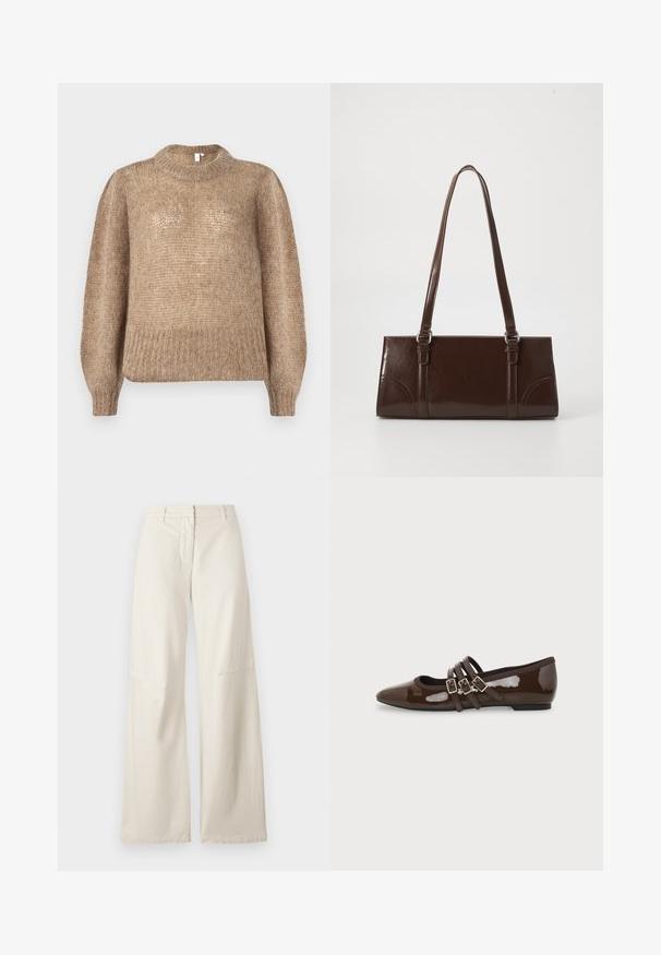Beige strikket sweater med en ribbet rund halsudskæring og lange ballonsleeves. Stoffet har en blød, tekstureret finish.; Vide benbukser i et cremefarvet bomuldsstof. Har høj talje, struktureret design og minimal syning. Flad front med lommer.; Brun laklæder flad sko med spids tå og tre justerbare spænder på siden, vist fra ydersiden.; Brun lakeret håndtaske med rektangulær form, to lange håndtag og subtile buede detaljer på fronten.