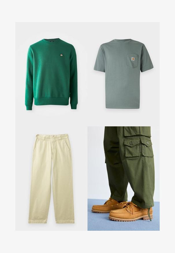 Grøn sweatshirt i blandet bomuldsstof. Har en ribbet rund halsudskæring, lange ærmer og et lille logo-elt på brystet.; Lysegrøn kortærmet t-shirt lavet af bomuld med en brystlomme, der har et logo-patch. Blød tekstur og klassisk rund hals.; Beige bomuldsbukser med en afslappet pasform, der har sidelommer, bæltestropper og lige ben. Glat tekstur med minimale syningsdetaljer.; Timberland AUTHENTIC 3 EYE - Sejlersko - wheat