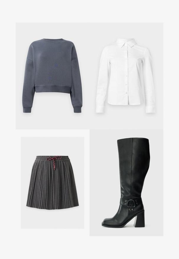 Grå cropped sweatshirt lavet af blødt stof med rund halsudskæring, ribbede manchetter og et svagt teksturmønster foran.; Hvid skjorte med lange ærmer, knapper, spids krave, lige kant og tætsiddende silhuet, vist på en ensartet lys baggrund.; Mørkegrå plisseret nederdel med elastik i taljen og en bundet vinrød snor foran i midten.; Knæhøje sorte læderstøvler med firkantet tå, bred hæl og en dekorativ rem med metalaccenter omkring anklen. Glat tekstur.