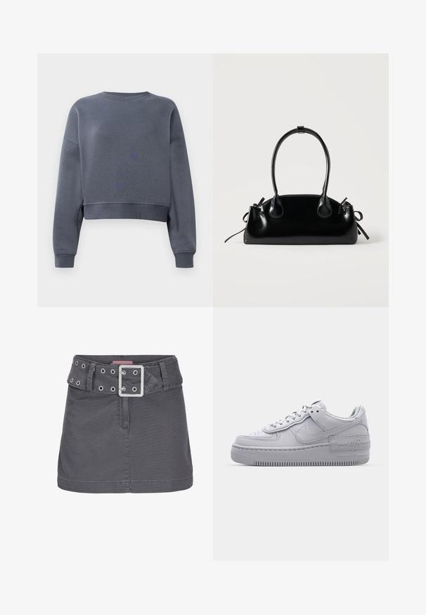 Grijze cropped sweatshirt gemaakt van zacht fabric met een ronde hals, geribbelde mouwen en een subtiele textuurpatroon op de voorkant.; Grijze katoenen mini-jurk met een brede riem met zilveren oogjes en een vierkante metalen gesp, ontworpen met een schone, rechte silhouet.; Grijze Nike Air Force 1 sneaker met geperforeerde neus, glad leren bovenwerk, dikke zool en verhoogde 'AIR' details op de hiel.; Kleine zwarte glanzende handtas met twee lange hengsels en zijkant trekkoord details op een effen lichte achtergrond.