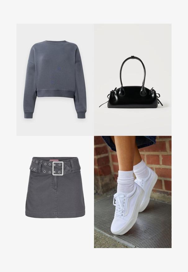 Grijze cropped sweatshirt gemaakt van zacht fabric met een ronde hals, geribbelde mouwen en een subtiele textuurpatroon op de voorkant.; Grijze katoenen mini-jurk met een brede riem met zilveren oogjes en een vierkante metalen gesp, ontworpen met een schone, rechte silhouet.; Witte canvas sneakers met rubberen zolen, voorzien van zes vetertjes, een ronde neus en lichte stikdetails, gecombineerd met witte enkelsokken.; Kleine zwarte glanzende handtas met twee lange hengsels en zijkant trekkoord details op een effen lichte achtergrond.