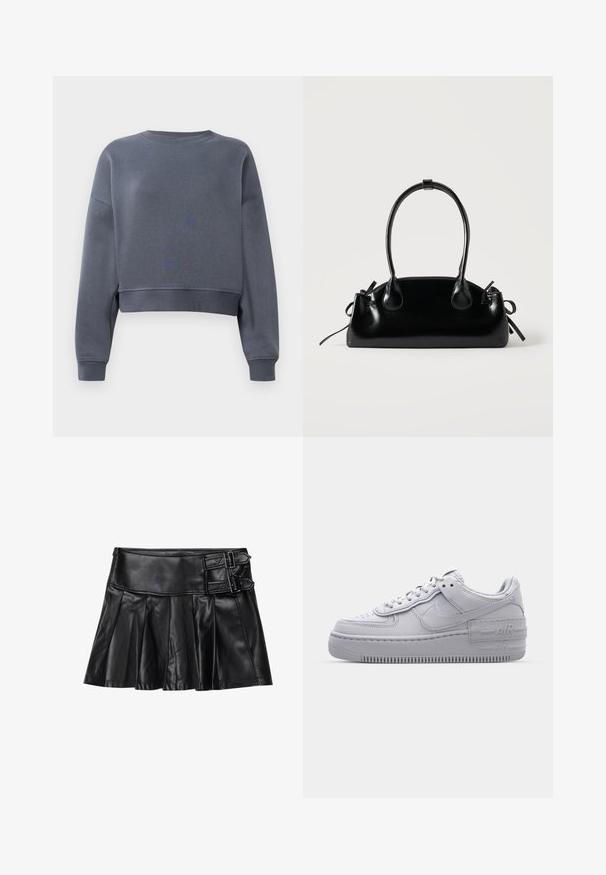 Grå cropped sweatshirt lavet af blødt stof med rund halsudskæring, ribbede manchetter og et svagt teksturmønster foran.; Sort læderskirt med pliser, bred talje og to spænde-accenter på siden. Glat tekstur med en blank finish.; Grå Nike Air Force 1 sneakers med perforeret tå, glat læderoverdel, tyk sål og præget 'AIR' detalje på hælen.; Lille sort blank håndtaske med to lange håndtag og snøre-detaljer i siden på en ensfarvet lys baggrund.