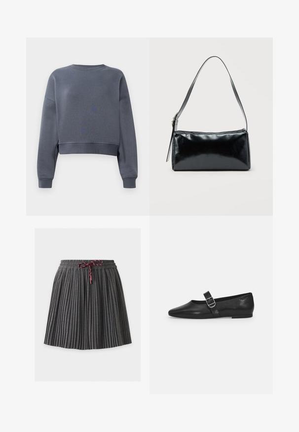 Grijze cropped sweatshirt gemaakt van zacht fabric met een ronde hals, geribbelde mouwen en een subtiele textuurpatroon op de voorkant.; Donkergrijze geplooide rok met een elastische tailleband en een gebonden bordeaux koord aan de voorkant in het midden.; Zwarte leren platte schoen met een ronde neus, een enkele verstelbare gespsluiting en een gladde, glanzende textuur. Minimalistisch ontwerp met een lage hak.; Zwarte rechthoekige schoudertas met een enkele verstelbare band en een bovenste ritssluiting op een effen achtergrond.