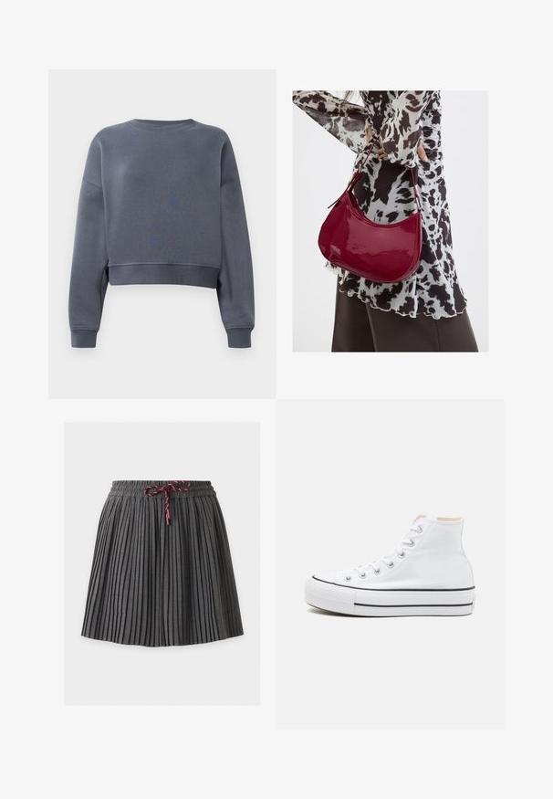 Sweatshirt gris court en tissu doux avec un col rond, des poignets côtelés et un motif texturé léger sur le devant.; Jupe plissée gris foncé avec une taille élastique et un cordon bordeaux noué au centre devant.; Baskets montantes blanches en toile, semelle en caoutchouc noir et bande noire contrastante sur la semelle intermédiaire. Bout rond et design à lacets.; Femme portant un chemisier à motif noir et blanc tenant un sac à main rouge brillant sur un fond uni.