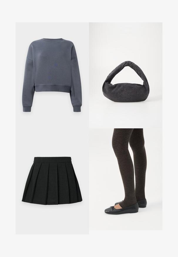 Sudadera gris cortada hecha de una tela suave, con un cuello redondo, puños acanalados y un ligero patrón de textura en la parte delantera.; Falda corta de pliegues negra hecha de tela texturizada. Presenta una cinturilla y un sutil patrón de cuadros en toda la prenda. Longitud corta con pliegues en capas.; Piernas con leggings oscuros acanalados combinados con bailarinas negras que presentan pequeños detalles de lazo sobre un fondo blanco.; Bolsa de tela gris oscuro con un asa curva, textura suave y forma redondeada. Sin hardware ni adornos visibles.
