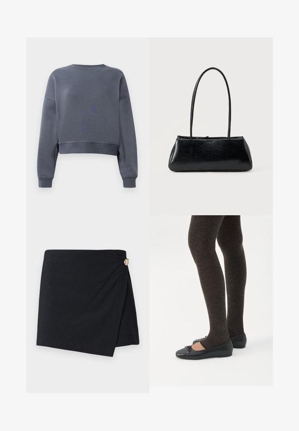 Grijze cropped sweatshirt gemaakt van zacht fabric met een ronde hals, geribbelde mouwen en een subtiele textuurpatroon op de voorkant.; Zwarte pinstripe wikkelde rok met een gouden knoopdetail aan de zijkant; gladde textuur, rechte snit en eenvoudige zoom.; Benen met donkere geribbelde leggings gecombineerd met zwarte ballerina's met kleine strikdetails op een witte achtergrond.; Zwarte rechthoekige schoudertas met lange dunne banden en een gladde, glanzende textuur op een effen achtergrond.