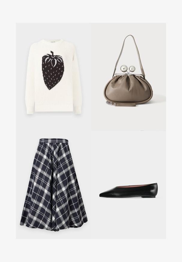 Pull en maille blanche avec un grand motif fraise noire au centre. La texture est côtelée avec un col rond et des épaules tombantes.; Jupe midi à carreaux bleu marine et blanc avec une taille froncée et une silhouette ample plissée en ligne A, sur un fond uni.; Chaussure plate en cuir noir pour femme, avec bout pointu et petit talon, vue de côté sur un fond gris clair uni.; Sac à main en cuir gris de forme arrondie, fermeture supérieure avec deux grandes sphères argentées, et une seule anse.