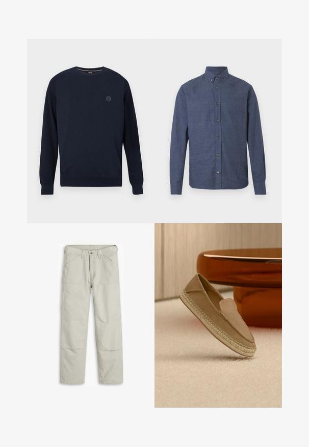 Marineblå crewneck sweater lavet af strikket stof, med ribbede manchetter og kant. Et rundt logo er placeret på brystet.; Mørkeblå skjorte med knapper og lange ærmer, krave og diskret struktur, med seks knapper ned langs fronten.; Lys grå bomuldsbukser med lige snit, flere lommer, forstærkede knælapper og kontrasterende syninger.; Beige slip-on sko med tekstureret overdel og vævet sål, placeret opret på et lyst tæppebord ved siden af et blankt brunt, rundt bord.