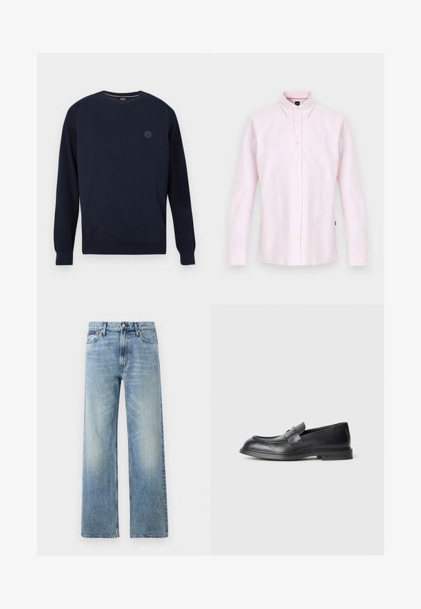 Marineblauwe crewneck sweater van gebreide stof, met ribbels aan de mouwen en onderkant. Een ronde logo is op de borst geplaatst.; Lichtroze overhemd met lange mouwen, een puntige kraag, knopen aan de voorkant en een subtiel geborduurd logo op de borst. Gemaakt van glad katoen.; Lichtblauwe denim jeans met rechte pijpen, een hoge taille, vijf zakken, knoopsluiting en subtiele vervaging op de dijen en knieën.; Zwarte leren loafers met een gestructureerde afwerking, voorzien van een decoratieve voorstrik en een afgeronde neus. Rubberzool voor duurzaamheid.