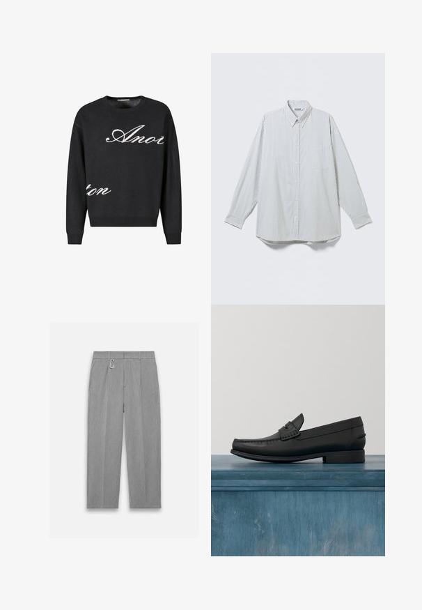Suéter negro de punto con cuello redondo, con el texto en cursiva blanca "Anon" en la parte frontal. Puños y dobladillo acanalados.; Camisa blanca de manga larga con botones, con finas rayas negras verticales y un bolsillo en el pecho, mostrada extendida sobre un fondo claro.; Pantalones grises plisados hechos de una tela texturada. Cuentan con un clip de mosquetón en la cinturilla y bolsillos frontales para almacenamiento.; Mocasines de cuero negro con punta redonda, costuras detalladas y un tacón cuadrado bajo. Textura suave y diseño minimalista.