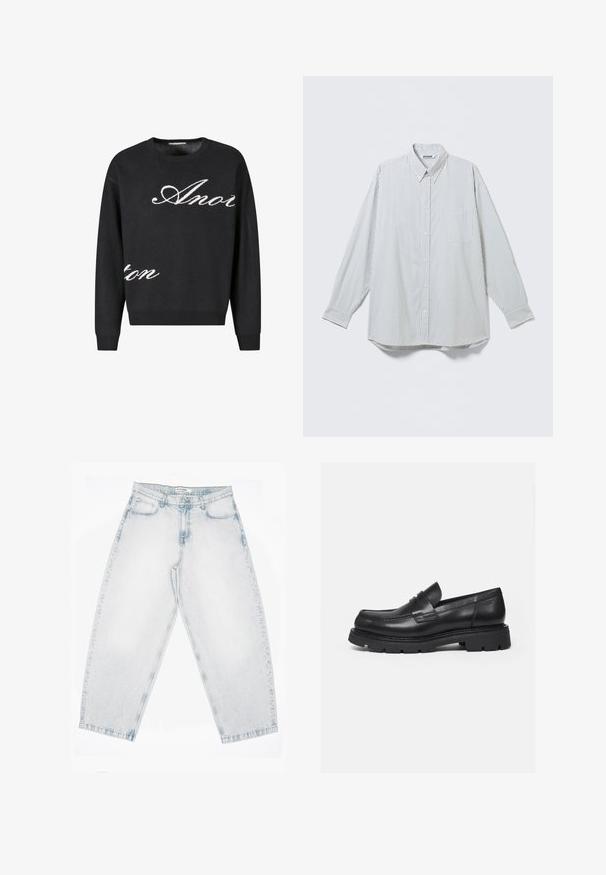 Suéter negro de punto con cuello redondo, con el texto en cursiva blanca "Anon" en la parte frontal. Puños y dobladillo acanalados.; Camisa blanca de manga larga con botones, con finas rayas negras verticales y un bolsillo en el pecho, mostrada extendida sobre un fondo claro.; Vaqueros de mezclilla lavada clara con cintura alta, piernas anchas y rectas, cierre de botones y cremallera, y bolsillos delanteros y traseros.; Mocasín negro de cuero con suela gruesa y acanalada y detalle de tira para moneda, mostrado en perfil lateral derecho sobre fondo blanco.