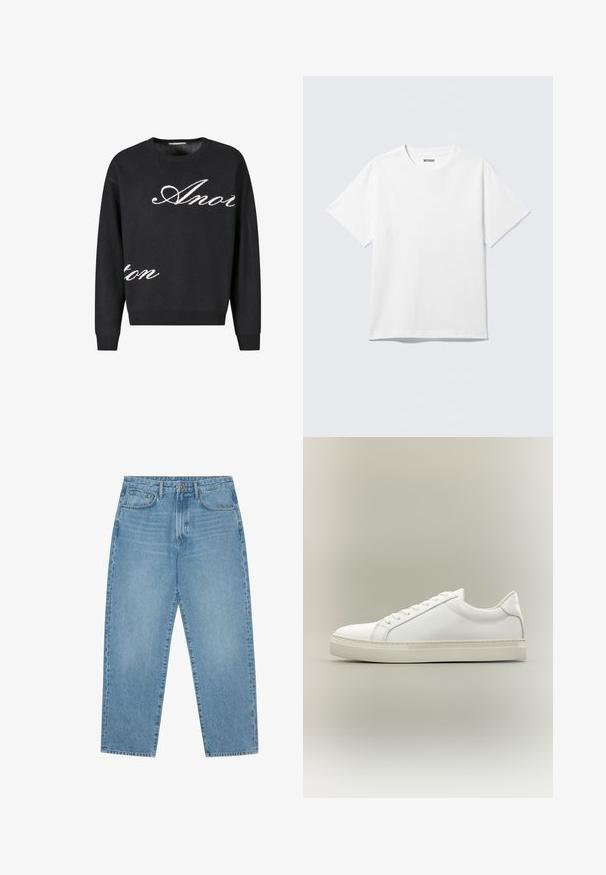 Suéter negro de punto con cuello redondo, con el texto en cursiva blanca "Anon" en la parte frontal. Puños y dobladillo acanalados.; Camiseta blanca de manga corta con cuello redondo, colocada plana, diseño liso, con etiqueta "WEEKDAY" en el interior del cuello sobre un fondo claro.; Pantalones vaqueros de mezclilla azul claro con corte de pierna recta, diseño de cinco bolsillos y textura ligeramente desgastada. Cuentan con cierre de botón y cremallera.; Zapatilla blanca de perfil bajo con cordones en la parte delantera y suela gruesa, mostrada de lado sobre un fondo neutro.