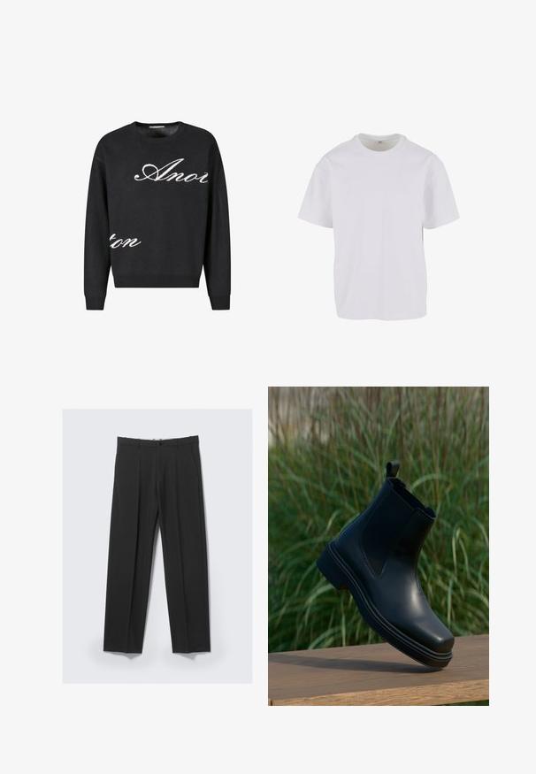 Suéter negro de punto con cuello redondo, con el texto en cursiva blanca "Anon" en la parte frontal. Puños y dobladillo acanalados.; Camiseta blanca de manga corta hecha de algodón suave, con un cuello redondo y un corte relajado con dobladillo recto. Sin patrones ni acentos visibles.; Pantalones negros a medida con pinzas delanteras, bolsillos laterales, trabillas para cinturón y cierre de botón en la cintura sobre un fondo claro.; Botín Chelsea de piel negra con lados elásticos, punta redondeada, tacón bajo y una lengüeta en la parte posterior, sobre un fondo verde difuminado.