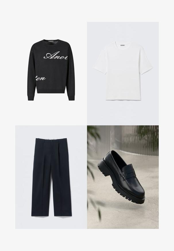 Suéter negro de punto con cuello redondo, con el texto en cursiva blanca "Anon" en la parte frontal. Puños y dobladillo acanalados.; Camiseta blanca lisa de manga corta con cuello redondo y una pequeña etiqueta "WEEKDAY" en el interior del cuello trasero, mostrada sobre una superficie plana.; Pantalones azul marino oscuros hechos de tela suave, con un ajuste entallado, dos bolsillos delanteros y cierre de botón.; Mocasines de cuero negro con suela gruesa, que presentan una correa decorativa y detalles de costura. Textura suave con un acabado pulido.