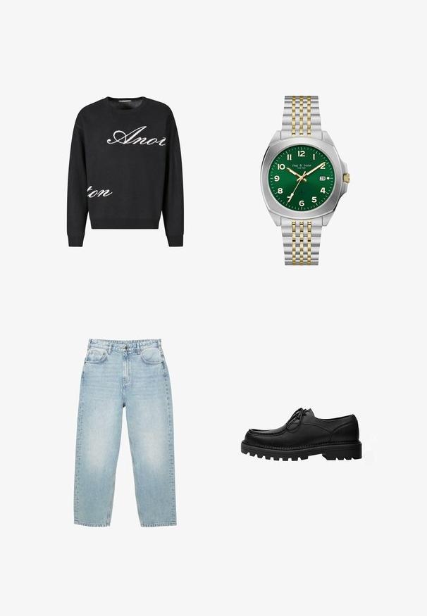 Sort strikket trøje med rund hals, prydet med hvid kursiv tekst "Anon" på forsiden. Ribbet manchetter og kant.; Lyseblå høj talje denim jeans med lige ben, for- og baglommer samt lukning med knap og synlig syning.; Sort læder snøresko med tyk, robust sål og detaljerede syninger på oversiden, designet til formelt eller afslappet brug.; Ur med grøn skive, gyldne og hvide timemarkører, datovindue ved klokken 3, gul- og sølvfarvet metalrem, samt sølvfarvet kasse med gul krone.