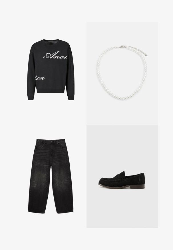 Sort strikket trøje med rund hals, prydet med hvid kursiv tekst "Anon" på forsiden. Ribbet manchetter og kant.; Sorte denimjeans med brede ben, forlommer, bæltestropper og subtilt falmede detaljer på lår og knæ.; Sorte suede loafers med en rund tå, lav hæl og syet detaljering over vamps. Glat inderside og en diskret brun ydersål.; Hvid perlekæde med ensartet rund form, glat overflade og metalspænde med forlængerkæde for justerbar længde.