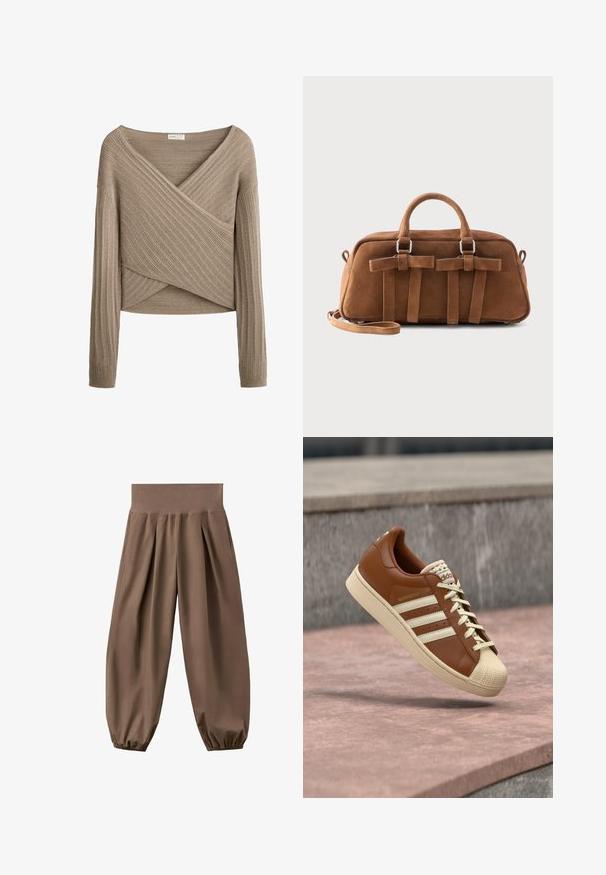 Pull beige en maille côtelée à manches longues avec un col en V croisé et un ourlet asymétrique.; Pantalon ample marron taille haute avec poignets élastiques froncés et plis avant, présenté sur un fond blanc.; Baskets en cuir marron avec des accents beige, comportant un embout texturé, trois bandes blanches sur le côté et des lacets couleur crème.; Sac à main en suède marron avec poignées arrondies, lanières décoratives à l'avant, et une bandoulière détachable sur un fond clair.