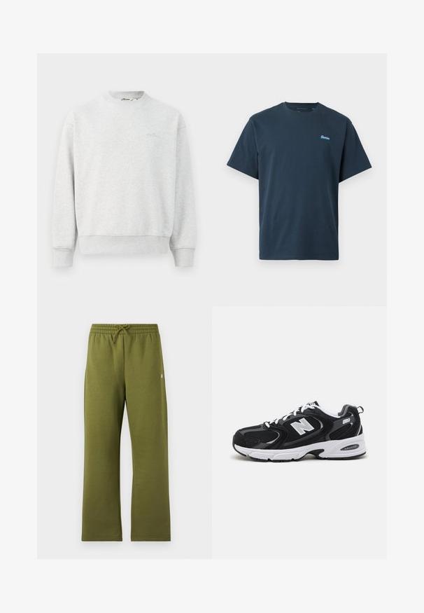 Grå sweatshirts med rund hals, ribbede ærmer og bund. Lavet af et blødt stof, med et lille logo på brystet.; Marineblå T-shirt med korte ærmer og rund halsudskæring samt lille rektangulært logo på venstre bryst.; Olivengrønne sweatpants med lige ben, elastisk taljebånd og snor, lavet af blødt stof.; Sorte og grå sportssko med mesh og ruskind på overdelen, der har en hvid mellemsål, snørebånd og et iøjnefaldende "N" logo på siden.